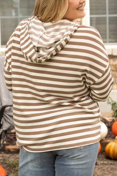 Plus Size Falling in Line Brown Stripe Henley Hoodie - Wholesale Accessory Market