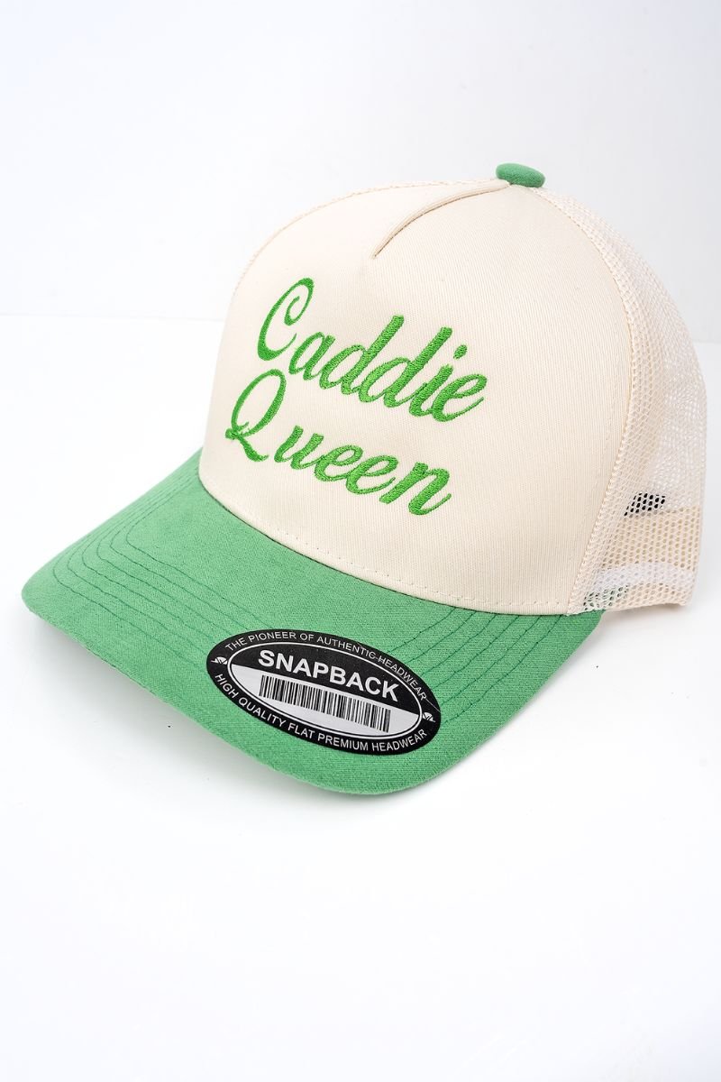 Caddie Queen Embroidered Tan and Kelly Green Suede Bill Trucker Hat - Wholesale Accessory Market