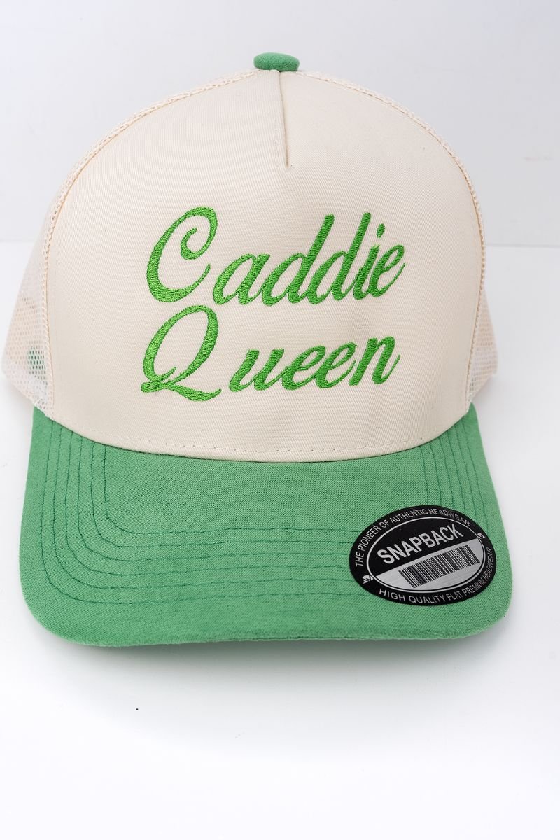 Caddie Queen Embroidered Tan and Kelly Green Suede Bill Trucker Hat - Wholesale Accessory Market