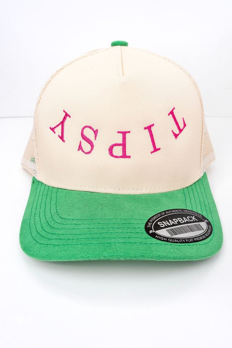 Tipsy Embroidered Tan and Kelly Green Suede Bill Trucker Hat - Wholesale Accessory Market