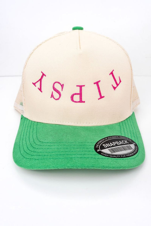 Tipsy Embroidered Tan and Kelly Green Suede Bill Trucker Hat - Wholesale Accessory Market
