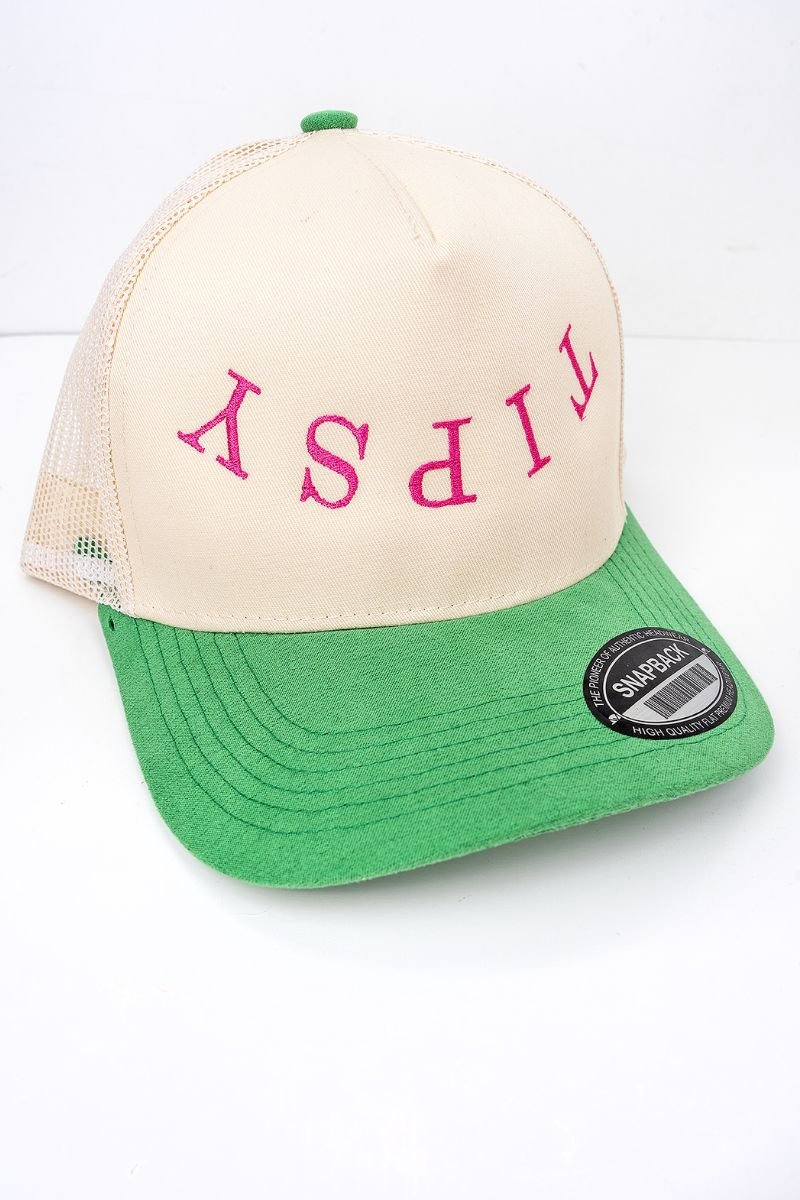 Tipsy Embroidered Tan and Kelly Green Suede Bill Trucker Hat - Wholesale Accessory Market