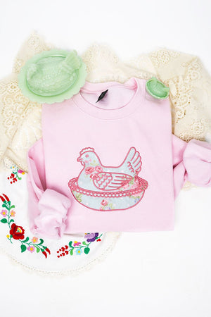 Farmstead Floral Hen On A Nest Applique Heavy Blend Crew Sweatshirt *Choose Thread Color - Wholesale Accessory Market