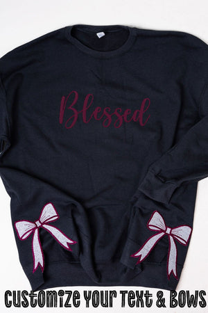 Black You Design It Embroidered Side Bows Heavy - weight Crew Sweatshirt *Customize Your Text - Wholesale Accessory Market