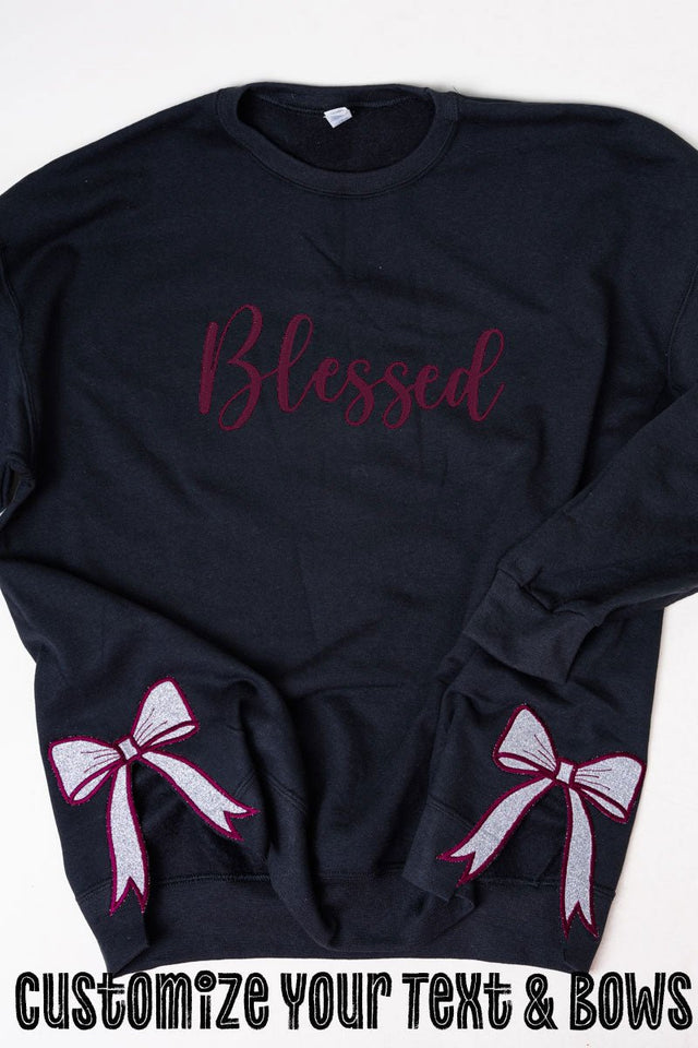 Black You Design It Embroidered Side Bows Heavy - weight Crew Sweatshirt *Customize Your Text - Wholesale Accessory Market