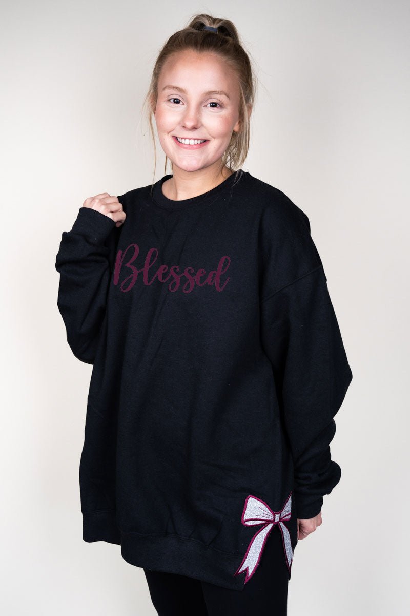 Black You Design It Embroidered Side Bows Heavy - weight Crew Sweatshirt *Customize Your Text - Wholesale Accessory Market