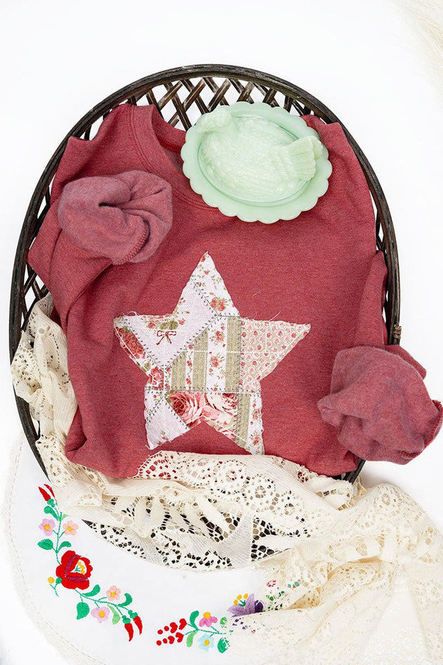 Star In Bloom Patchwork Applique Heavy Blend Crew Sweatshirt - Wholesale Accessory Market