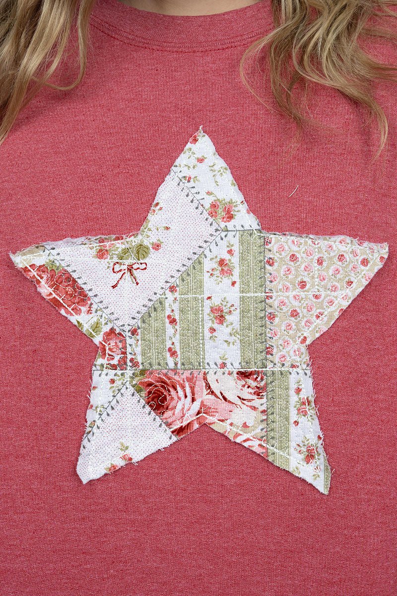 Star In Bloom Patchwork Applique Heavy Blend Crew Sweatshirt - Wholesale Accessory Market