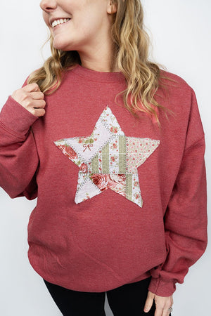 Star In Bloom Patchwork Applique Heavy Blend Crew Sweatshirt - Wholesale Accessory Market