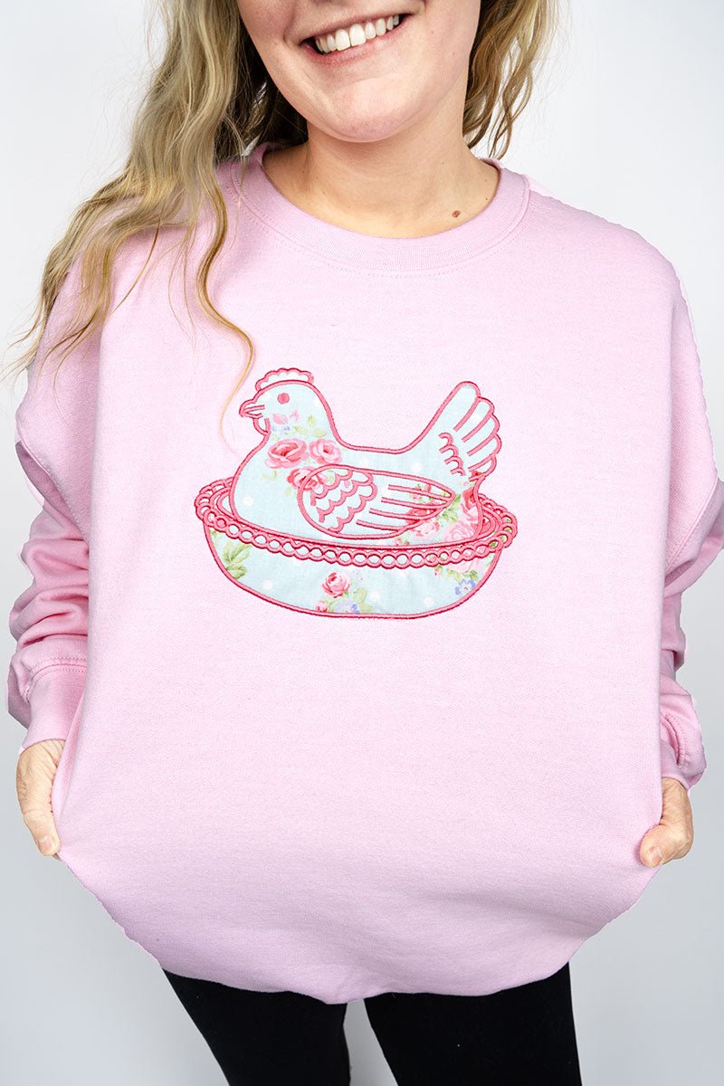 Farmstead Floral Hen On A Nest Applique Heavy Blend Crew Sweatshirt *Choose Thread Color - Wholesale Accessory Market