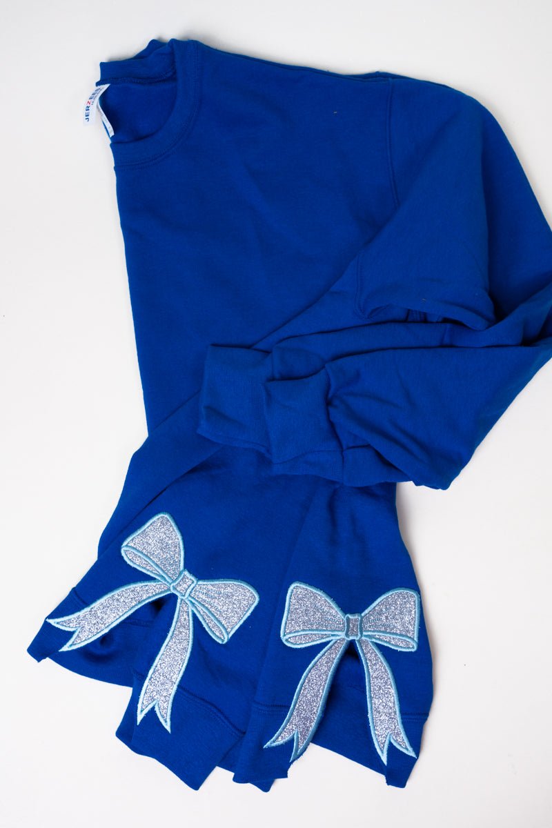 Youth Royal You Design It Embroidered Side Bows Heavy - weight Crew Sweatshirt *Customize Your Text and Bows - Wholesale Accessory Market