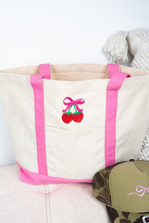 Embroidered Strawberry Cherry Canvas Boat Tote - Wholesale Accessory Market
