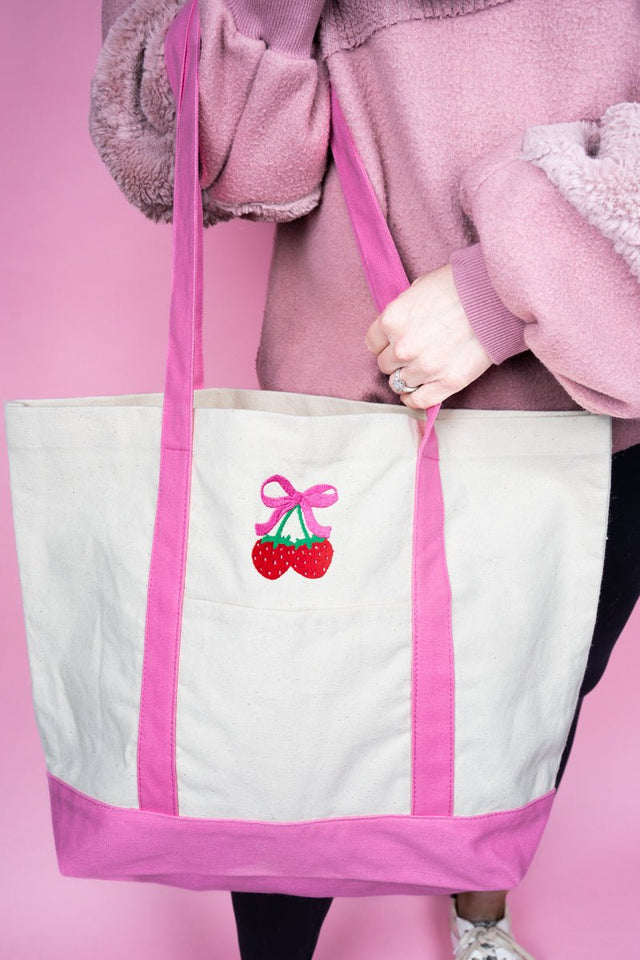 Embroidered Strawberry Cherry Canvas Boat Tote - Wholesale Accessory Market