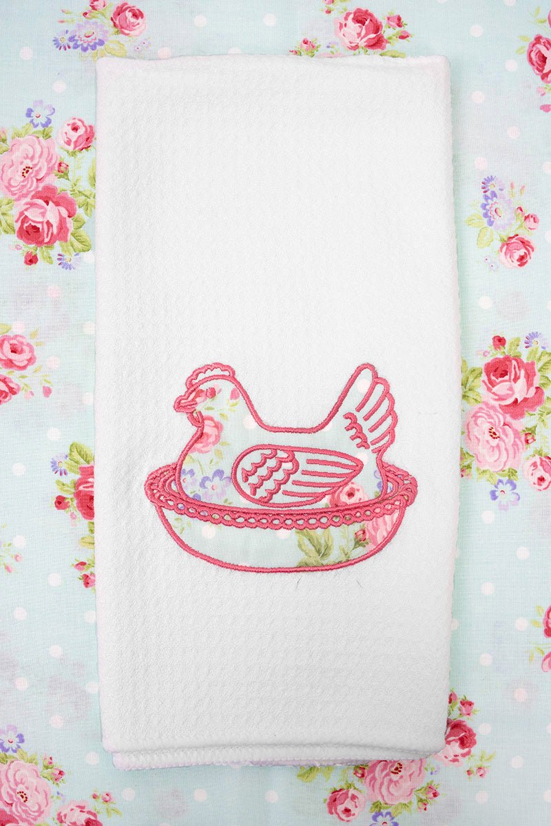 Farmstead Floral Hen On A Nest Applique Waffle Kitchen Towel *Choose Thread Color - Wholesale Accessory Market