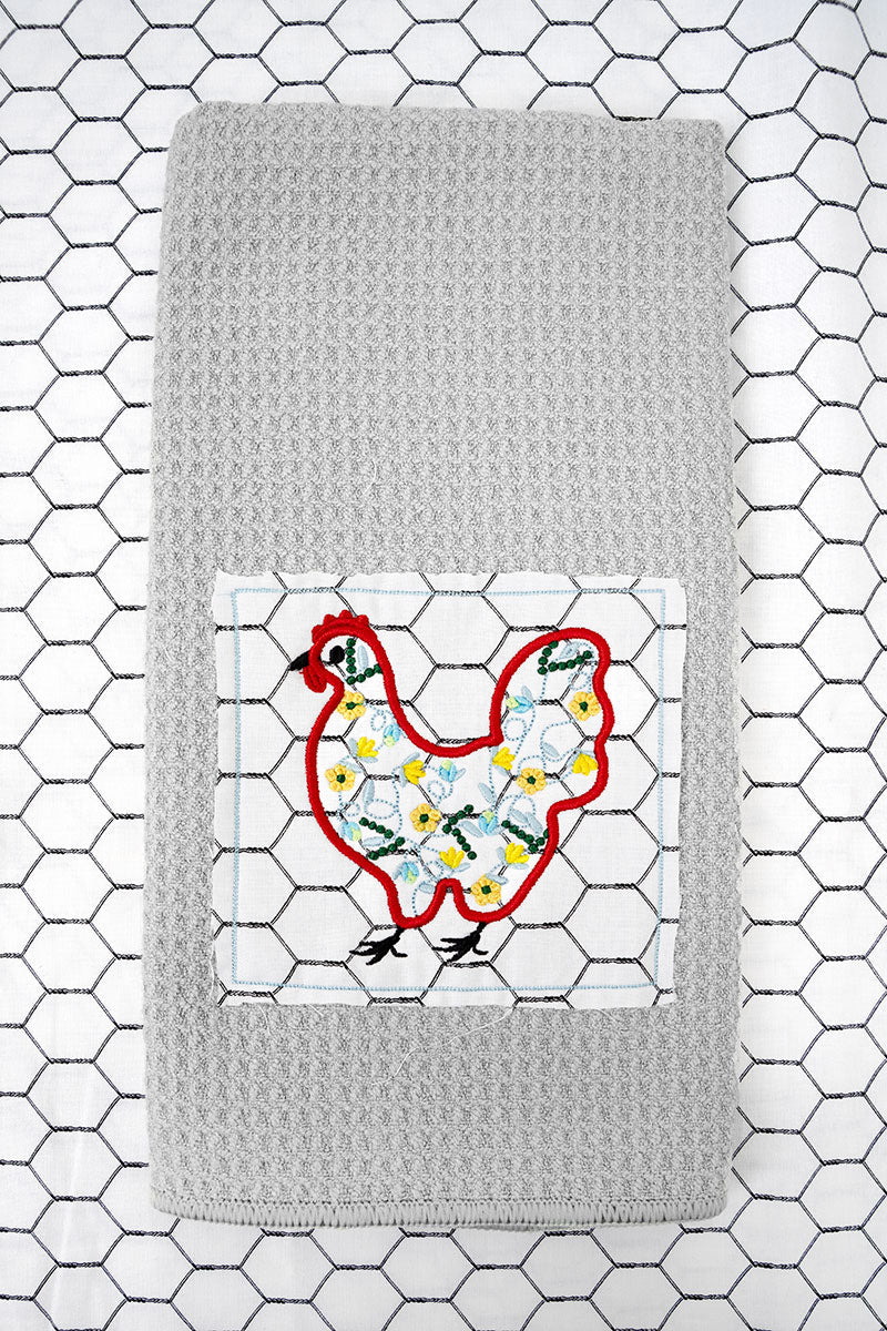 Hen House Blooms Applique Gray Waffle Kitchen Towel - Wholesale Accessory Market