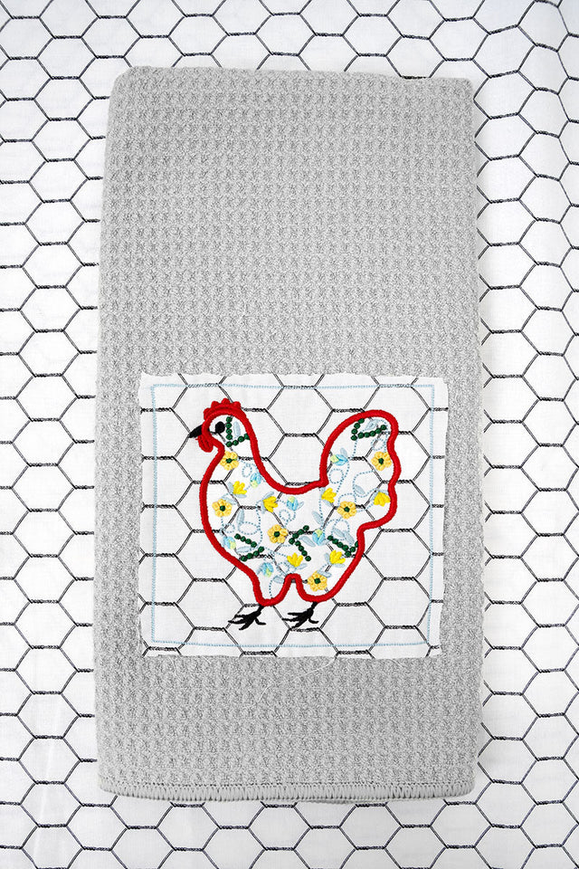 Hen House Blooms Applique Gray Waffle Kitchen Towel - Wholesale Accessory Market