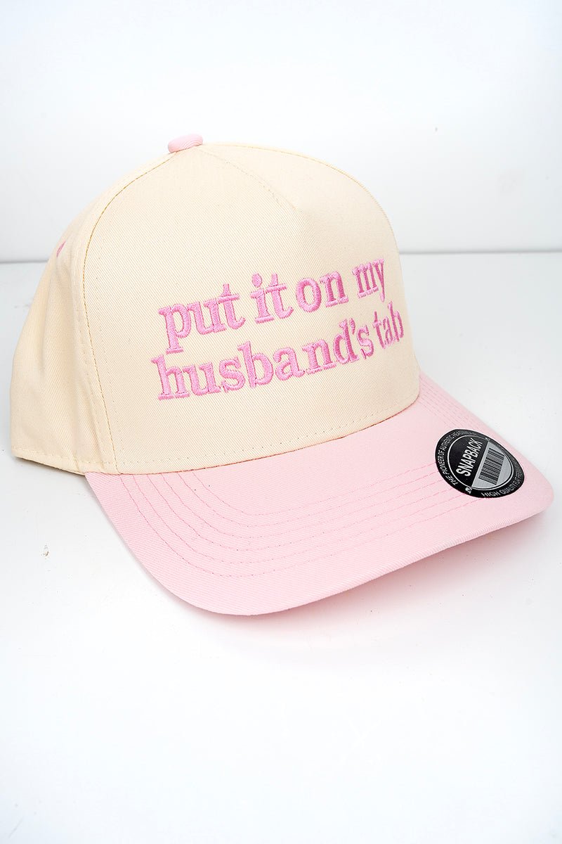 Put It On My Husband's Tab Embroidered Tan and Baby Pink Tencel Snapback Cap - Wholesale Accessory Market