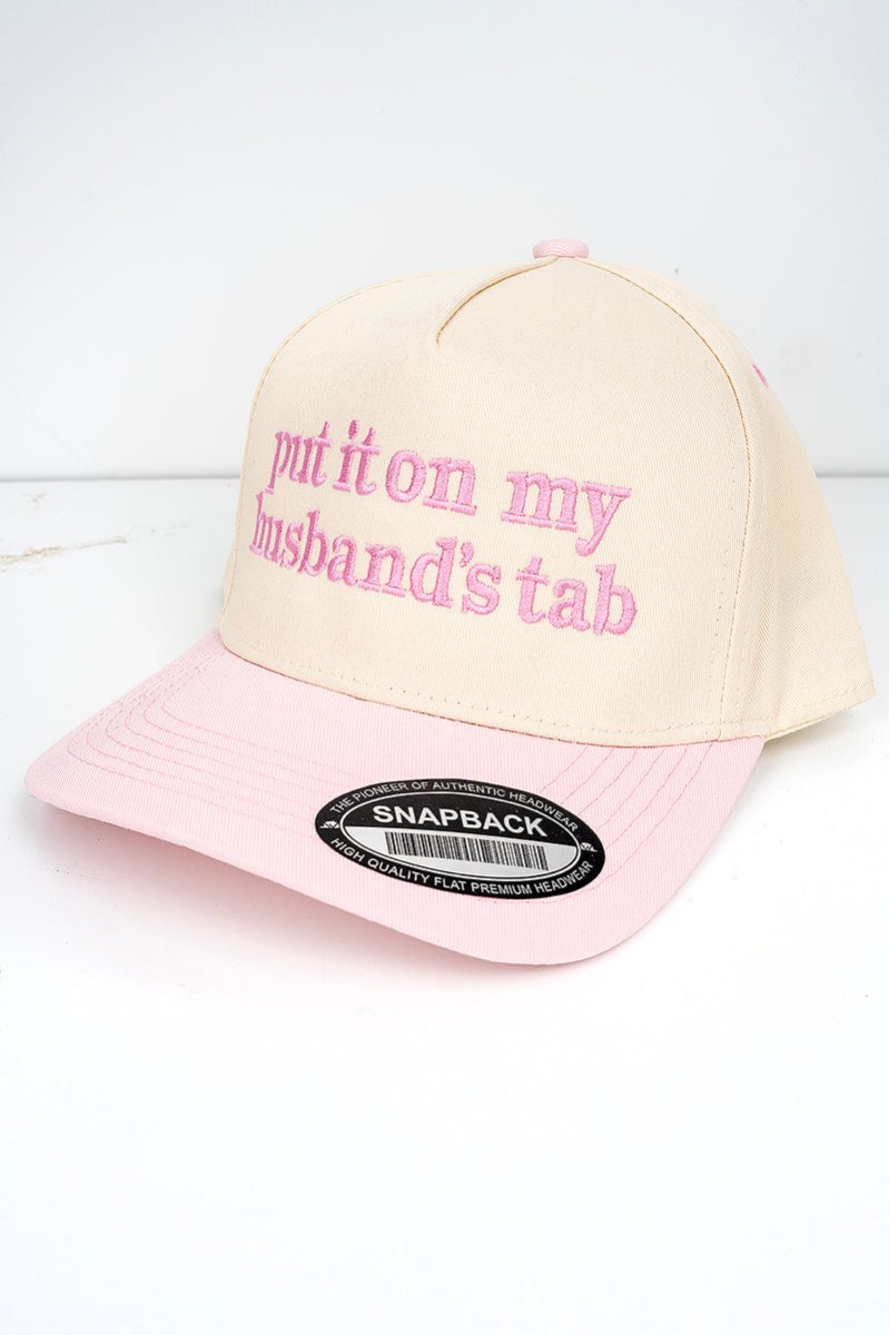 Put It On My Husband's Tab Embroidered Tan and Baby Pink Tencel Snapback Cap - Wholesale Accessory Market