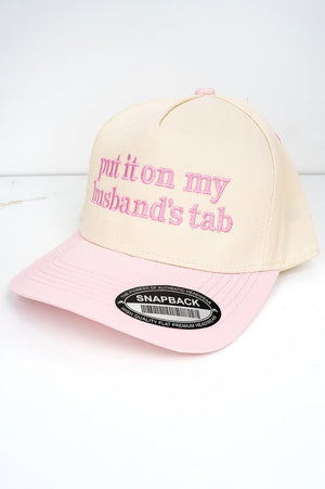 Put It On My Husband's Tab Embroidered Tan and Baby Pink Tencel Snapback Cap - Wholesale Accessory Market