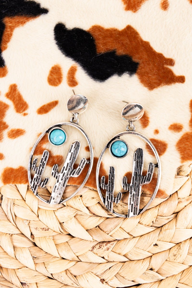 Turquoise Moon Cactus Silvertone Earrings Wholesale Accessory Market