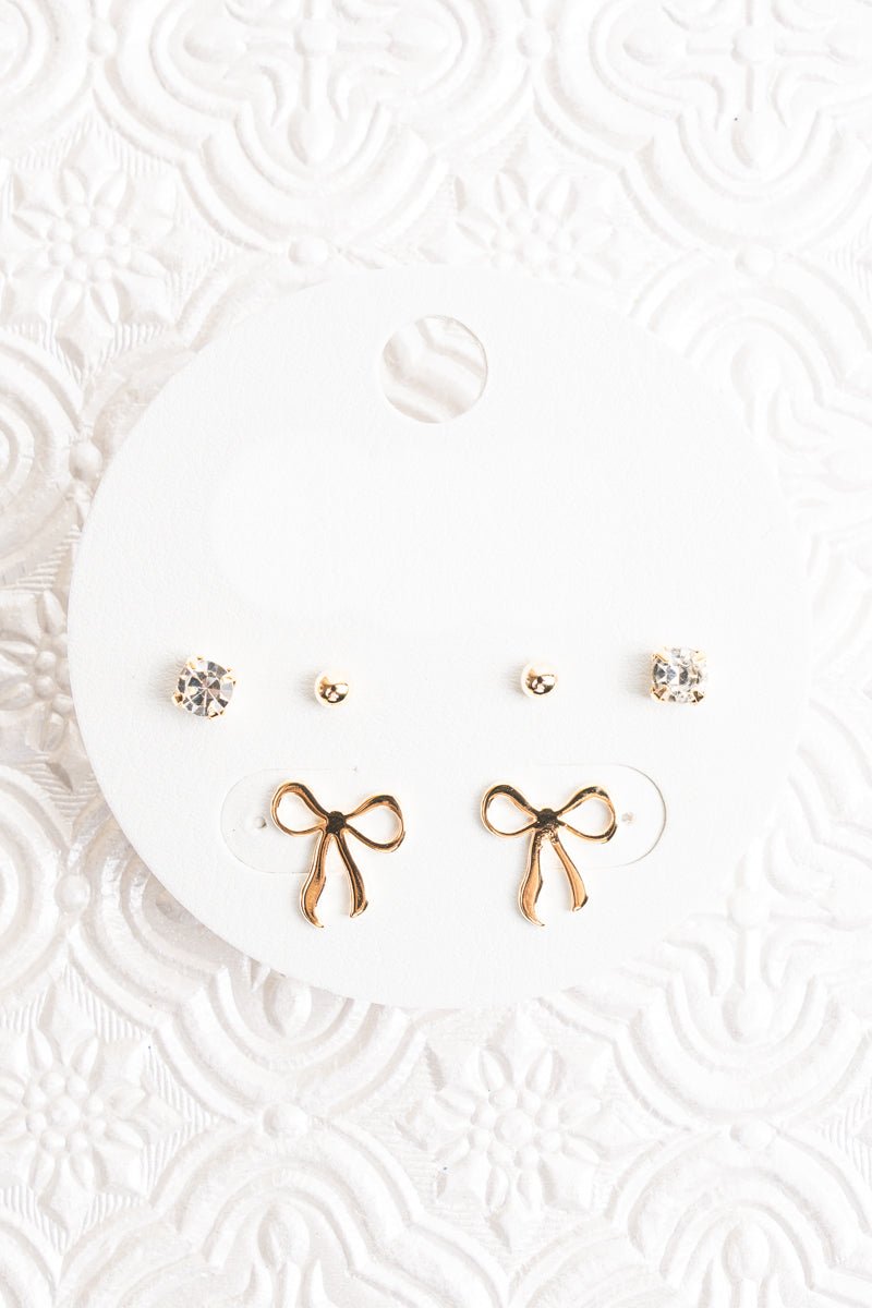 Catherine Goldtone Bow and Rhinestone Stud Earrings 3 Pair Set