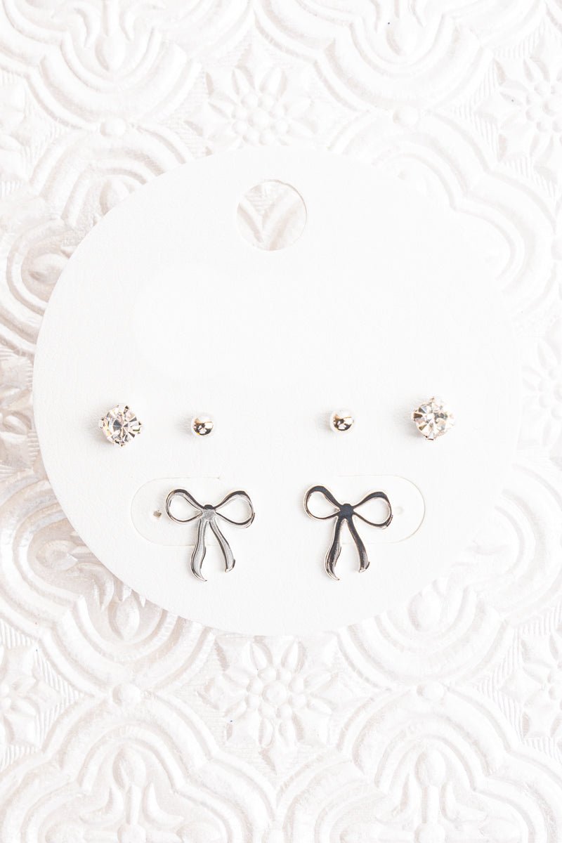 Catherine Silvertone Bow and Rhinestone Stud Earrings 3 Pair Set