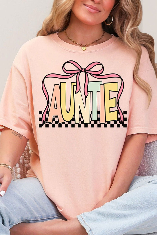 Checkered Bow Auntie Comfort Colors Adult Ring - Spun Cotton Tee - Wholesale Accessory Market