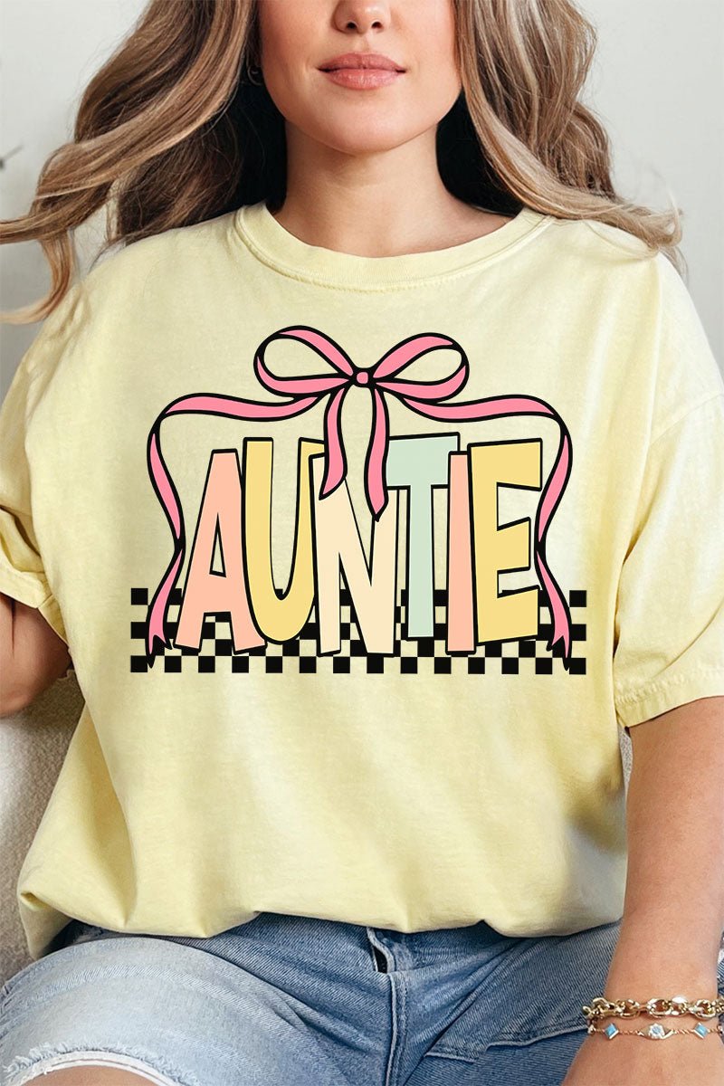 Checkered Bow Auntie Comfort Colors Adult Ring - Spun Cotton Tee - Wholesale Accessory Market