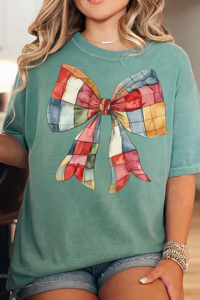 Faux Patchwork Red Bow Comfort Colors Adult Ring - Spun Cotton Tee - Wholesale Accessory Market