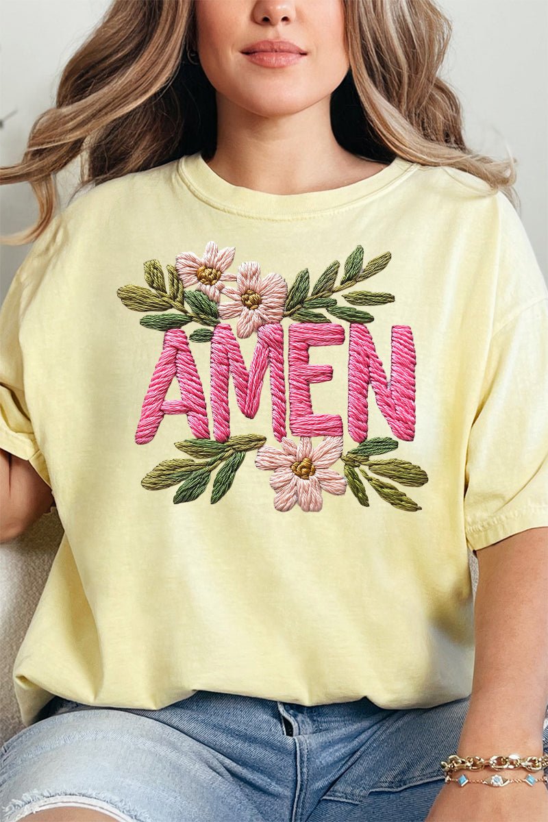 Pink Amen Faux Embroidery Comfort Colors Adult Ring - Spun Cotton Tee - Wholesale Accessory Market
