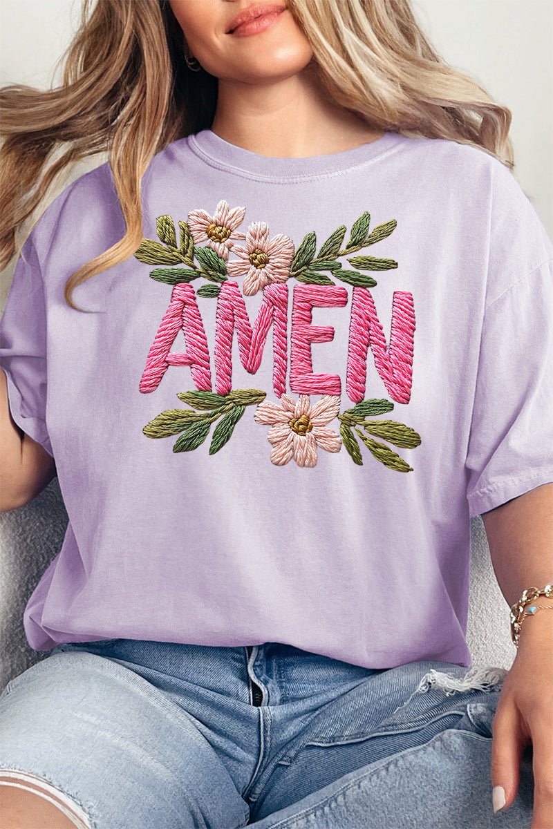 Pink Amen Faux Embroidery Comfort Colors Adult Ring - Spun Cotton Tee - Wholesale Accessory Market