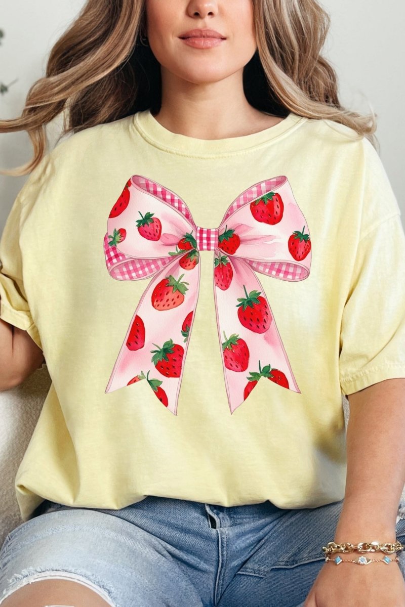 Summertime Strawberries Bow Comfort Colors Adult Ring - Spun Cotton Tee - Wholesale Accessory Market