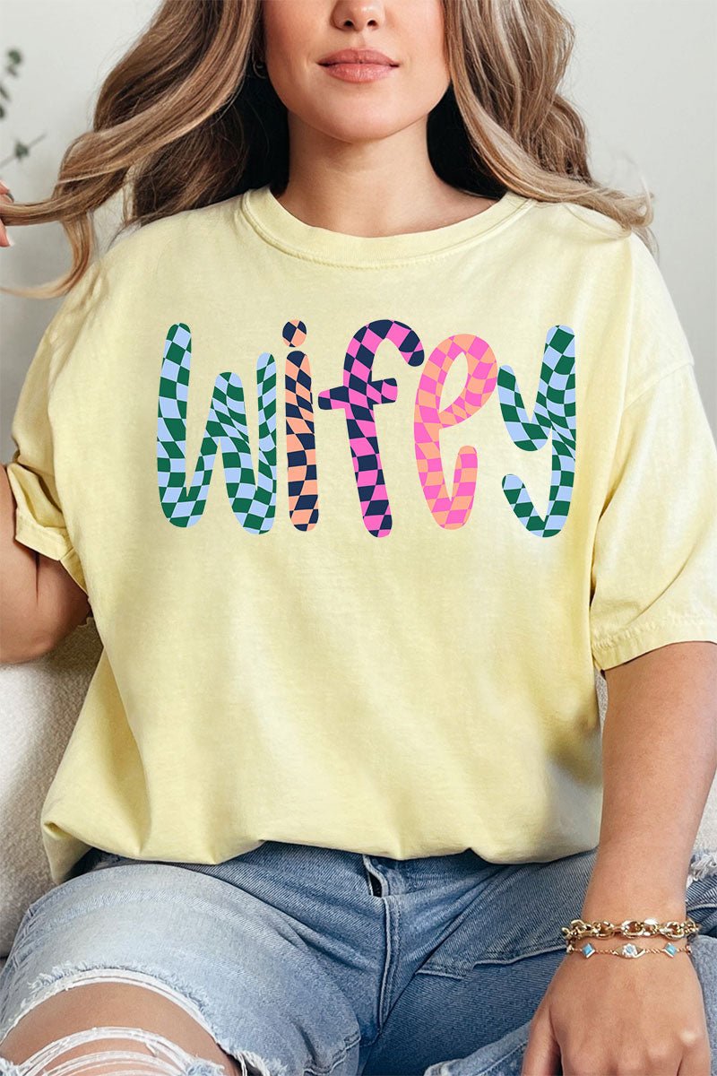Wavy Checkered Wifey Comfort Colors Adult Ring - Spun Cotton Tee - Wholesale Accessory Market