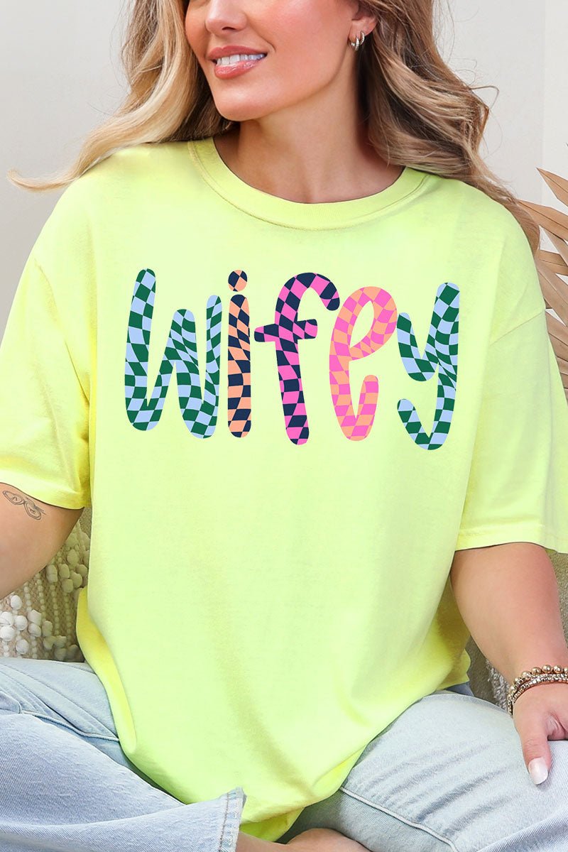 Wavy Checkered Wifey Comfort Colors Adult Ring - Spun Cotton Tee - Wholesale Accessory Market