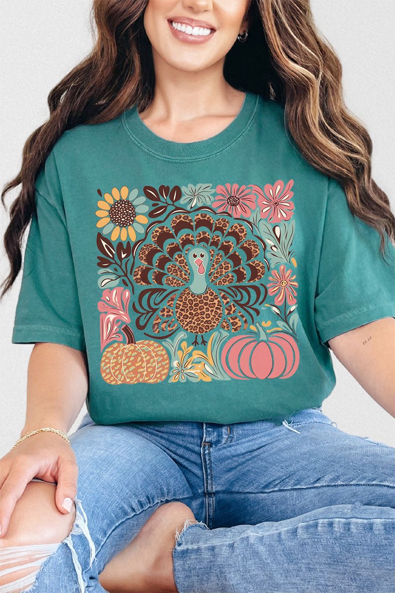 Fall Floral Turkey Comfort Colors Adult Ring - Spun Cotton Tee - Wholesale Accessory Market