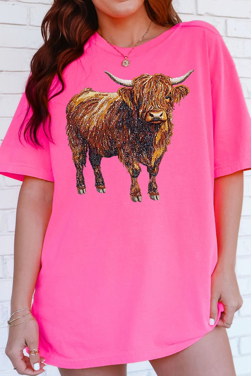 Faux Rhinestone Highland Cow Comfort Colors Adult Ring - Spun Cotton Tee - Wholesale Accessory Market