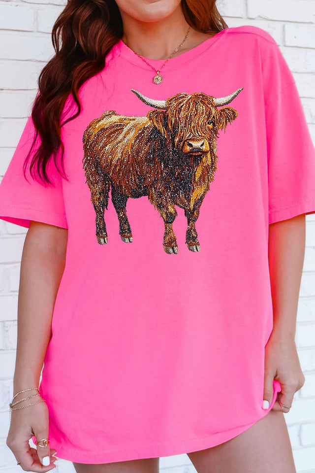 Faux Rhinestone Highland Cow Comfort Colors Adult Ring - Spun Cotton Tee - Wholesale Accessory Market