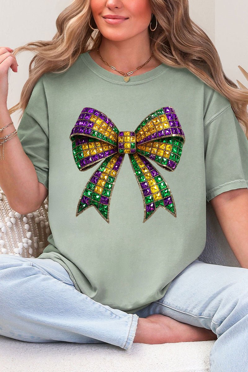 Faux Rhinestone Mardi Gras Bow Comfort Colors Adult Ring - Spun Cotton Tee - Wholesale Accessory Market