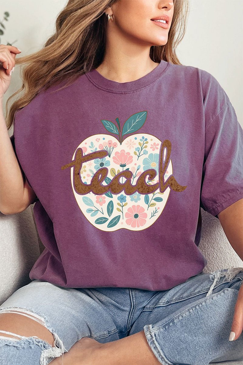 Floral Apple Teach Comfort Colors Adult Ring - Spun Cotton Tee - Wholesale Accessory Market