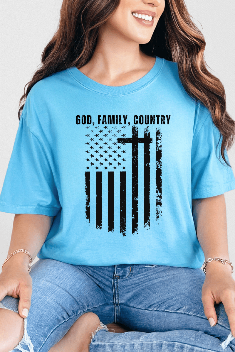 God, Family, Country Comfort Colors Adult Ring - Spun Cotton Tee - Wholesale Accessory Market