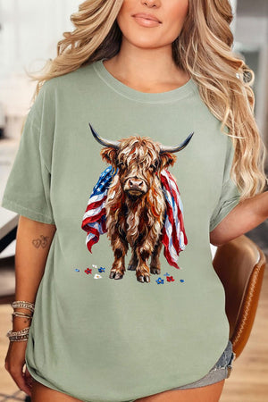 Painted Old Glory Highland Cow Comfort Colors Adult Ring - Spun Cotton Tee - Wholesale Accessory Market