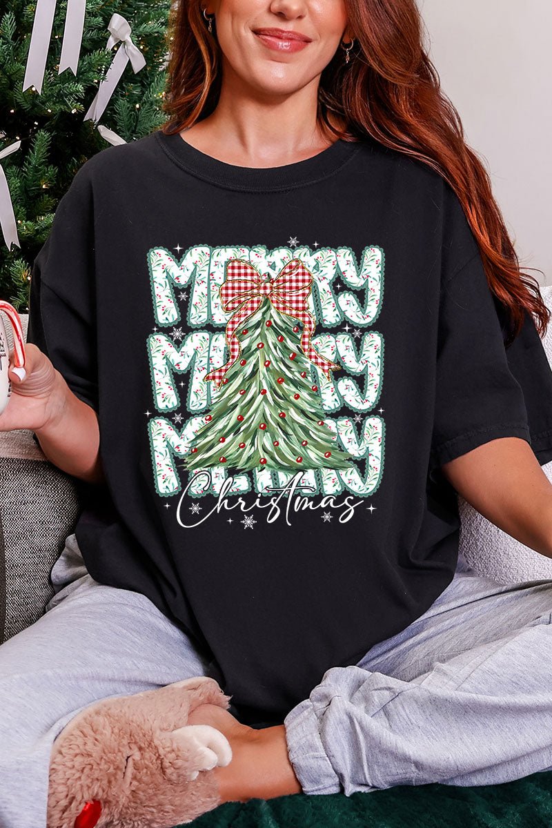 Stacked Holly Merry Christmas Tree Comfort Colors Adult Ring - Spun Cotton Tee - Wholesale Accessory Market