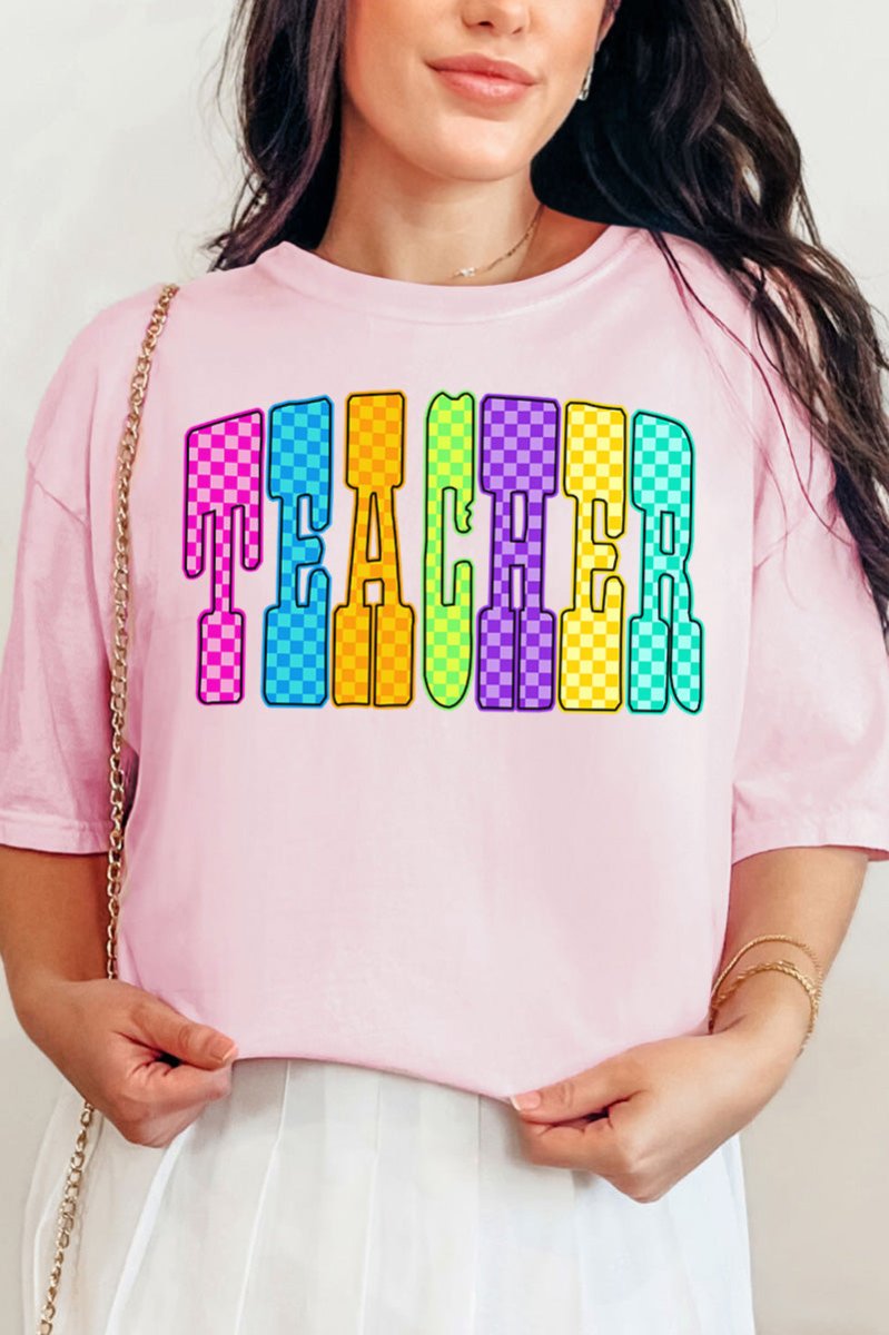 Checkered Glow Teacher Comfort Colors Adult Ring - Spun Cotton Tee - Wholesale Accessory Market