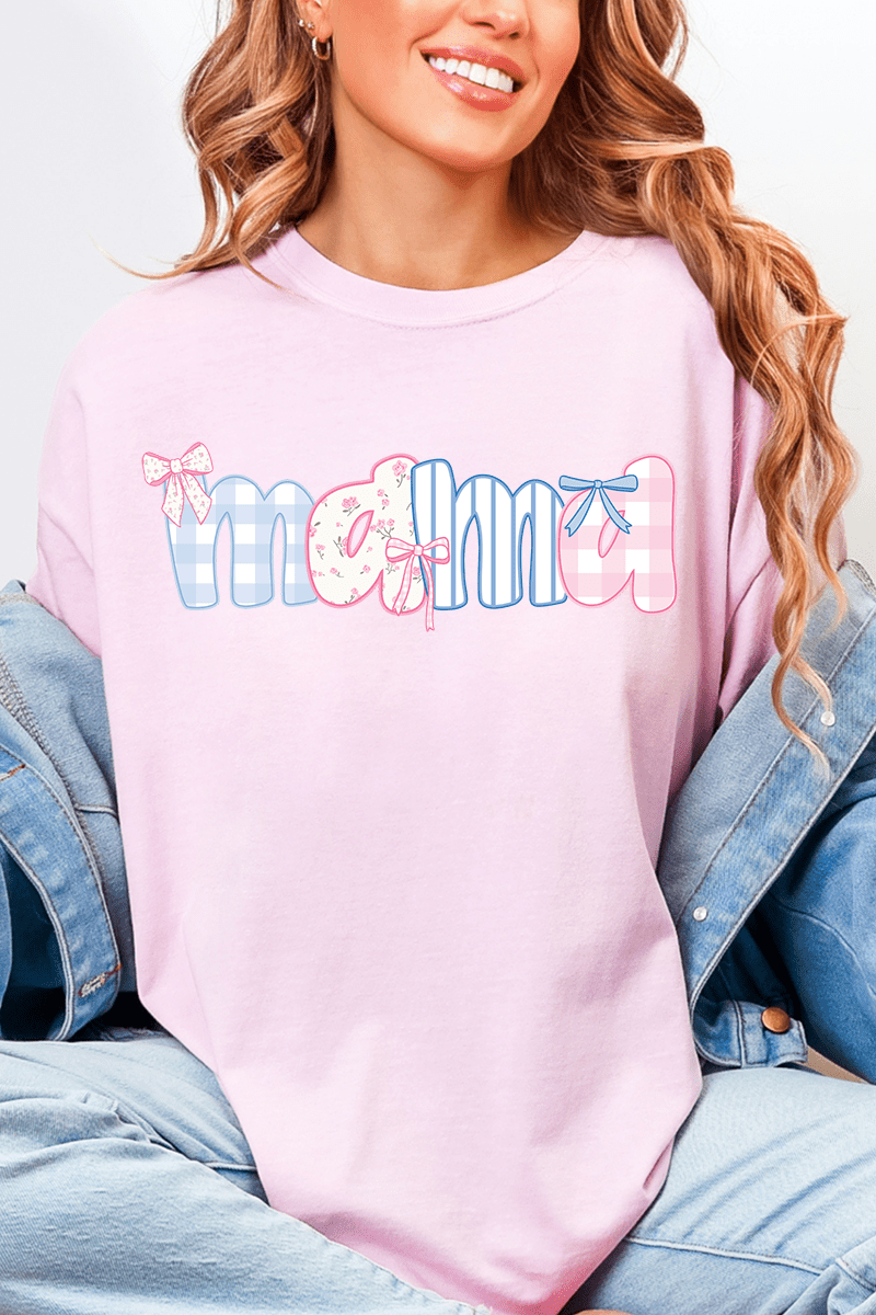 Coquette Floral Pink And Blue Mama Comfort Colors Adult Ring - Spun Cotton Tee - Wholesale Accessory Market
