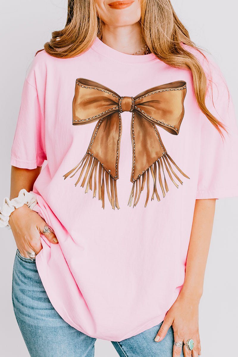 Faux Leather Fringe Bow Comfort Colors Adult Ring - Spun Cotton Tee - Wholesale Accessory Market
