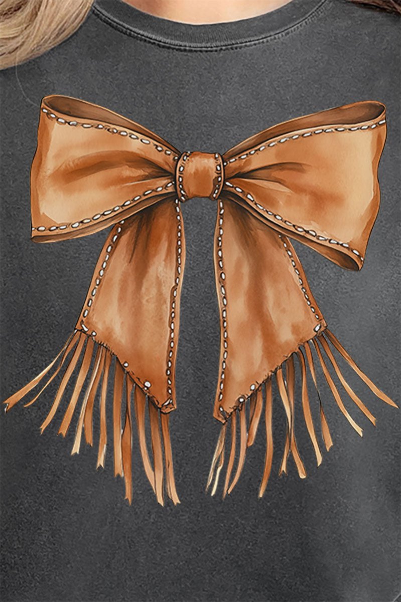 Faux Leather Fringe Bow Comfort Colors Adult Ring - Spun Cotton Tee - Wholesale Accessory Market