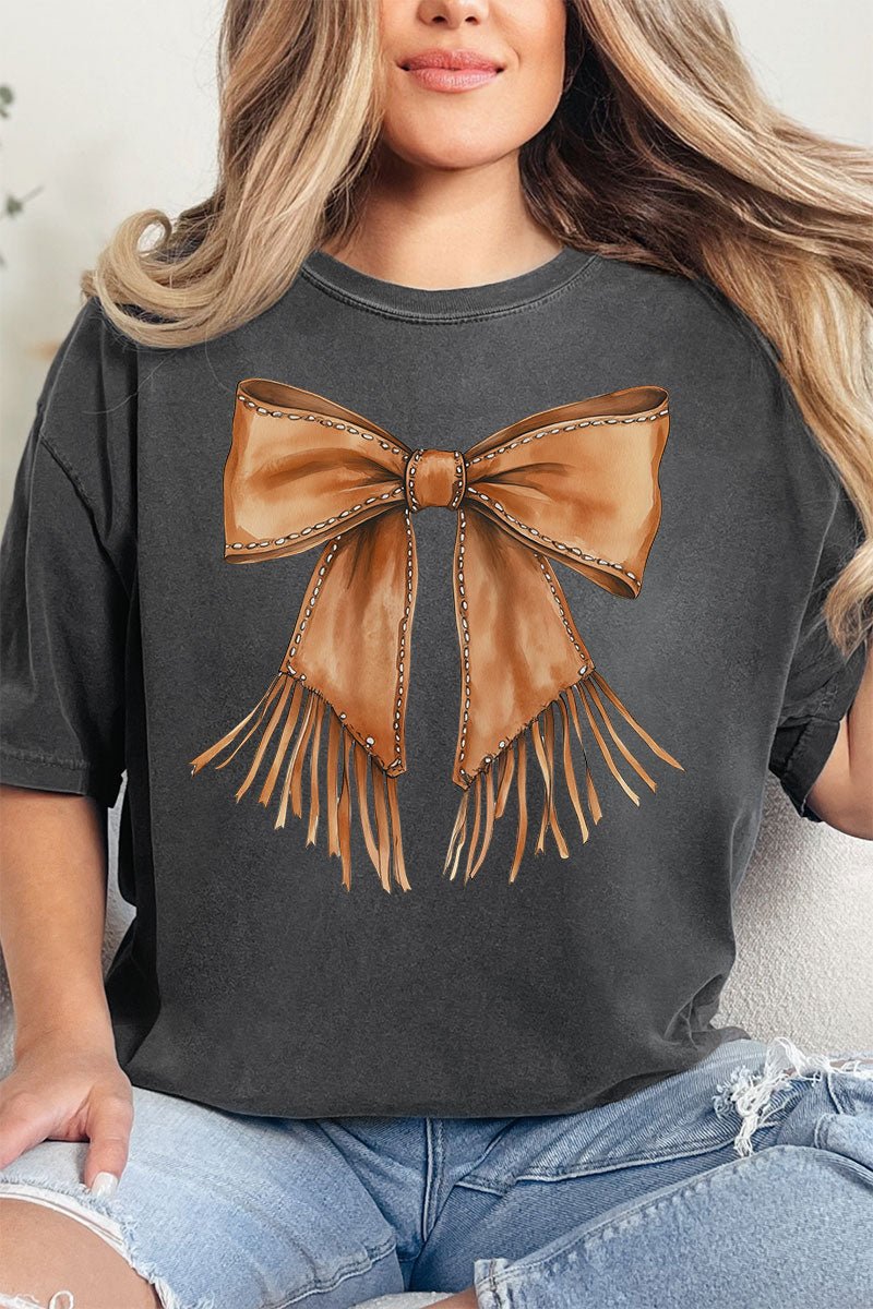 Faux Leather Fringe Bow Comfort Colors Adult Ring - Spun Cotton Tee - Wholesale Accessory Market