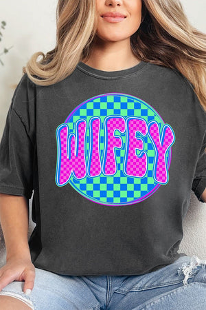 Neon Checkered Wifey Comfort Colors Adult Ring - Spun Cotton Tee - Wholesale Accessory Market