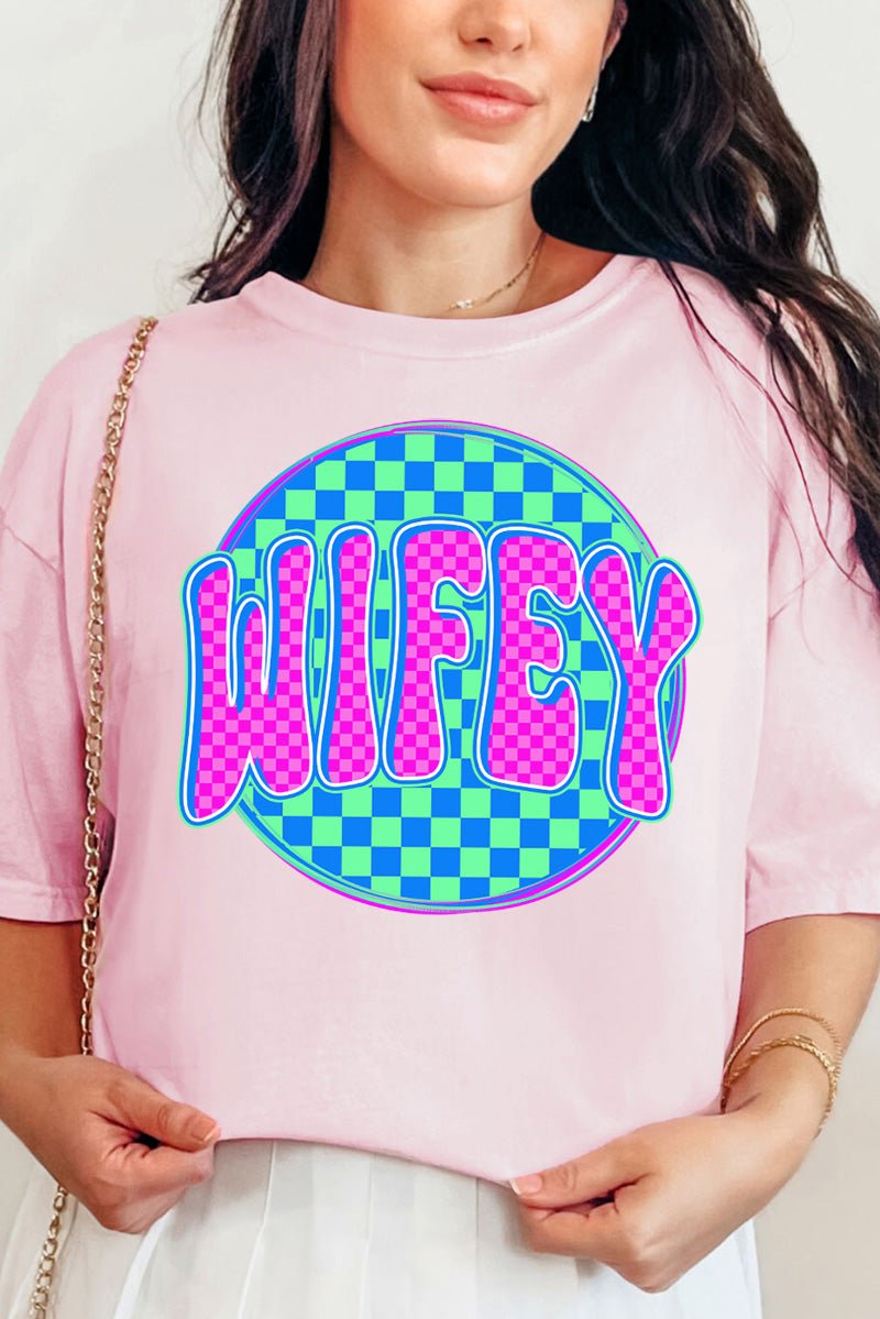 Neon Checkered Wifey Comfort Colors Adult Ring - Spun Cotton Tee - Wholesale Accessory Market
