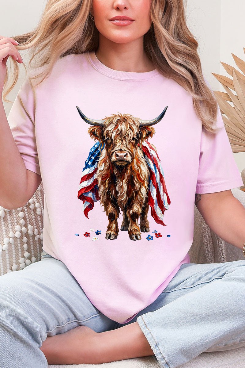 Painted Old Glory Highland Cow Comfort Colors Adult Ring - Spun Cotton Tee - Wholesale Accessory Market